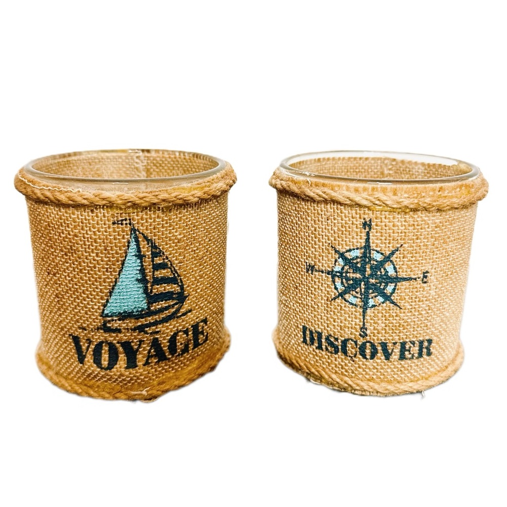 Nautical Burlap Bathroom Glass Storage Container Cup Sailboat Compass Voyage